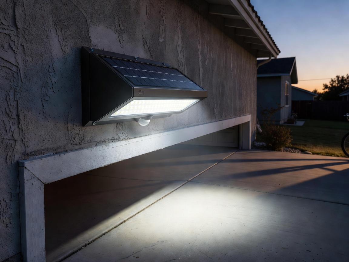 Bright motion-sensor solar flood light mounted on an exterior garage wall