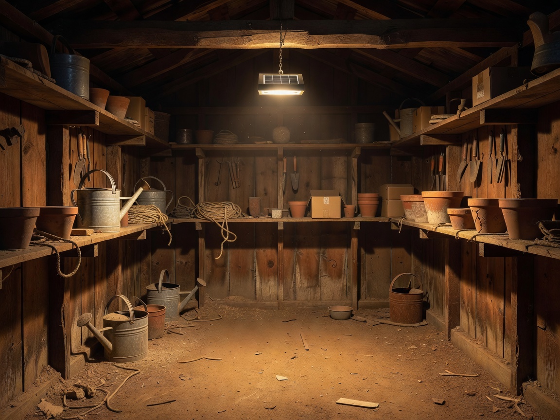 Interior of a wooden storage shed illuminated by a suspended solar light