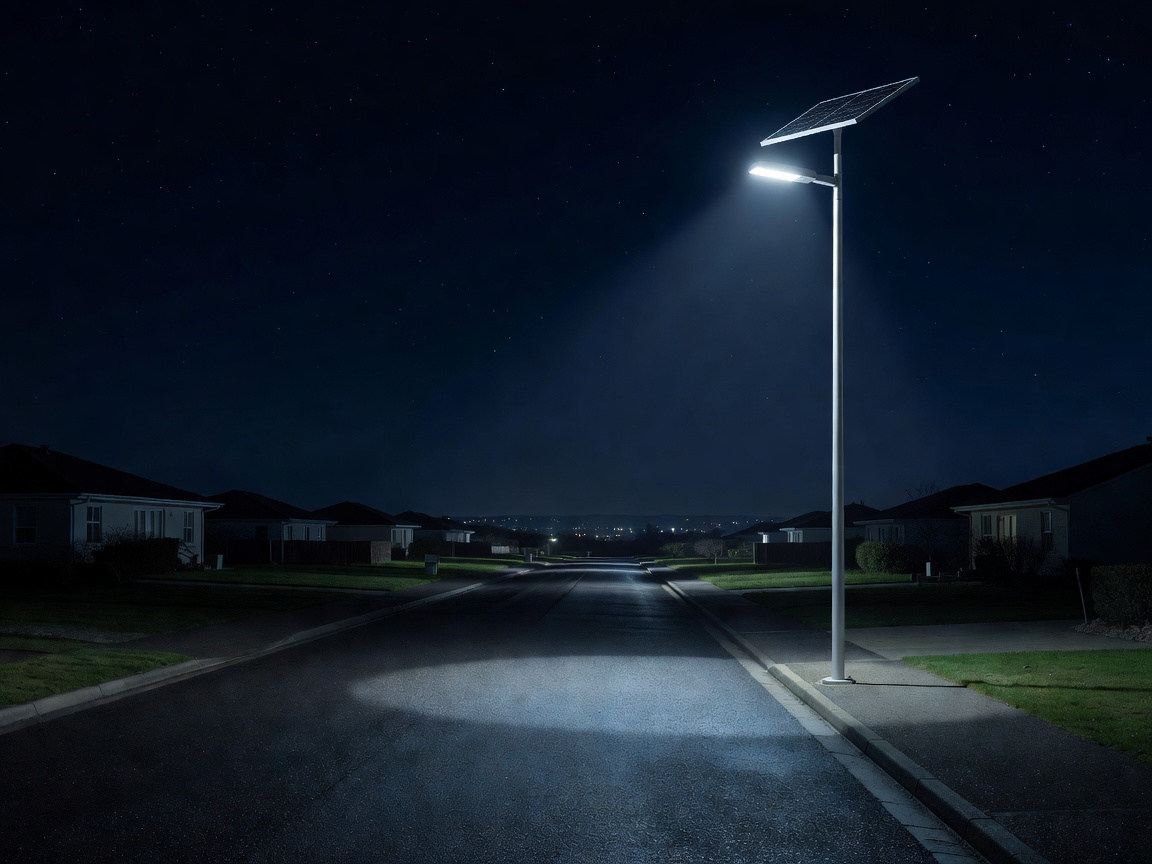 Tall solar powered street light illuminating an empty suburban road at night