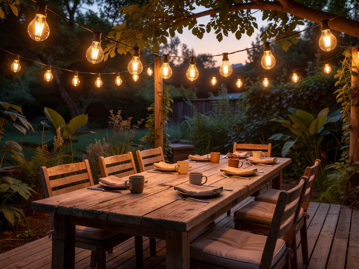 Festive solar string lights draped across a backyard patio pergola