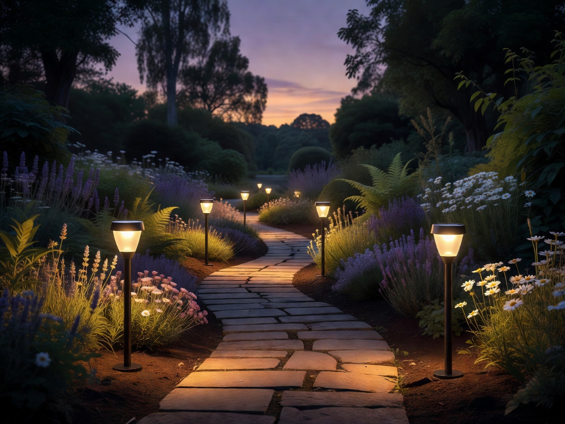 Warm glowing solar pathway lights illuminating a garden path at dusk